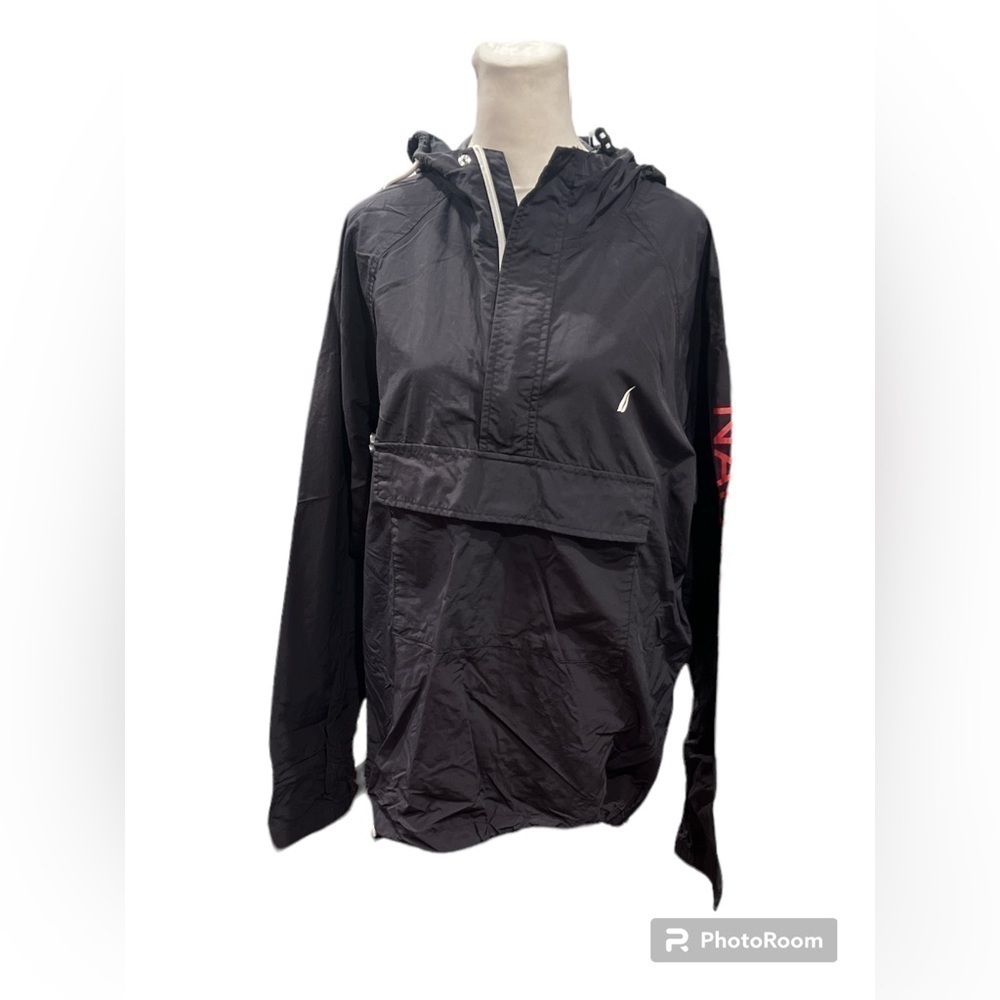 Nautica Mens Black Nylon Hooded Windbreaker Pullover‎ Anorak Jacket Small